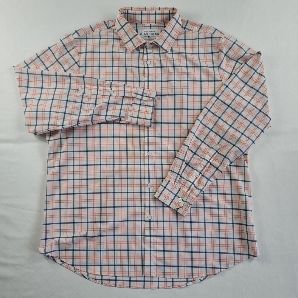 Mizzen+Main Plaid Performance Button-Down Dress Shirt Orange & Navy Men's XL